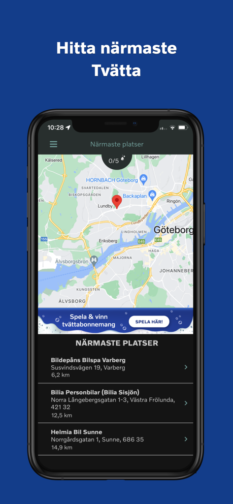 A smartphone displaying the Tvätta app map and nearest car wash locations.