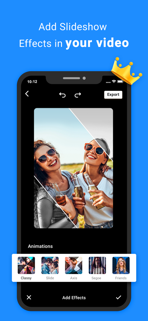 Video Editor & Maker -VidMaker - Interfaz de smartphone de la aplicación VidMaker mostrando varios efectos de animación de presentaciones de video