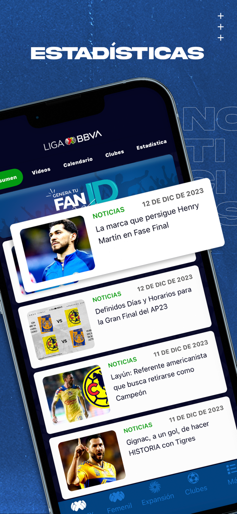 Liga BBVA MX - Official Liga BBVA MX app screen showing a news feed with articles about Mexican soccer players and match schedules.