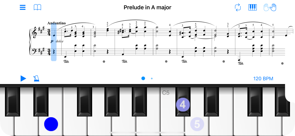 PianoMate - Piano Sheet Music - PianoMate app interface displaying classical sheet music with a digital piano keyboard and fingering guides