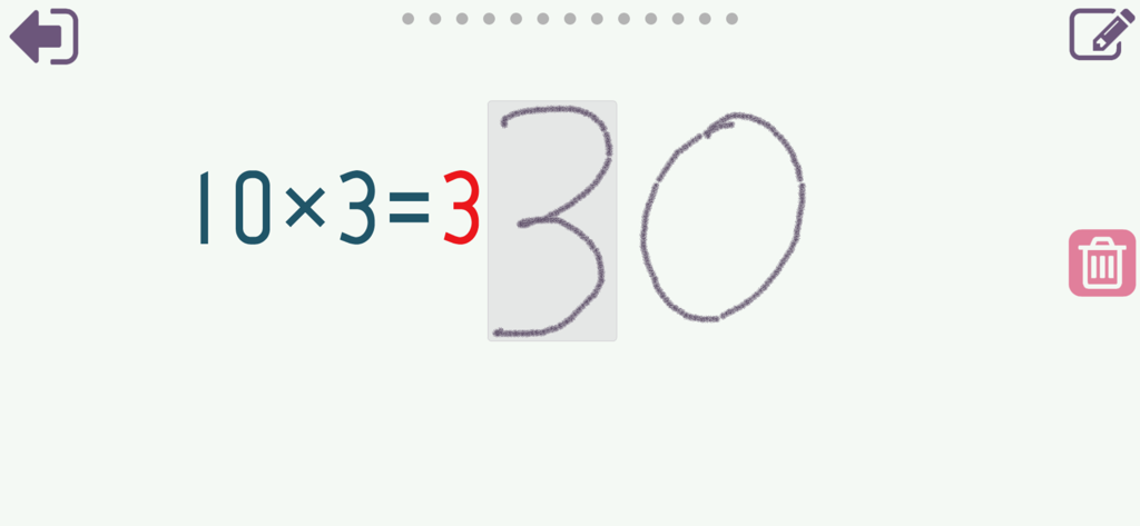 Times Tables 10x10 - A child handwriting the number thirty as the answer to ten times three in the Times Tables 10x10 math learning app interface.