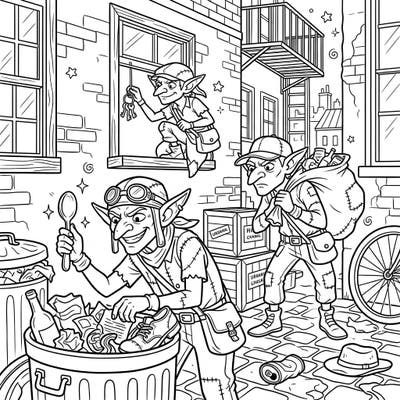 Step into a bustling alleyway where cheeky City Goblins are up to their usual mischief. This delightful coloring page is thoughtfully designed for seniors, featuring large print and clear lines for an enjoyable and relaxing experience.