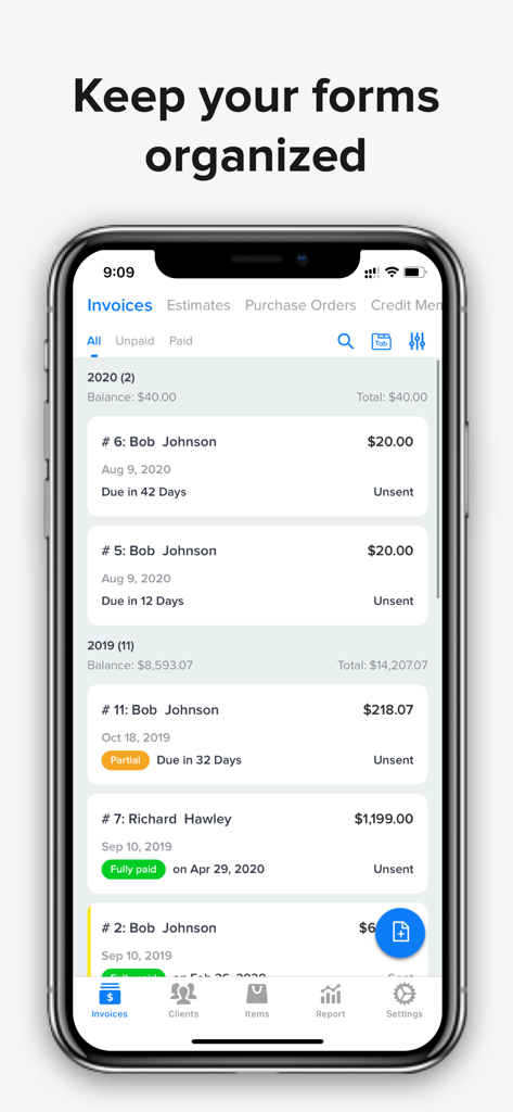 A mobile app screen showing an organized list of business invoices and payment statuses.