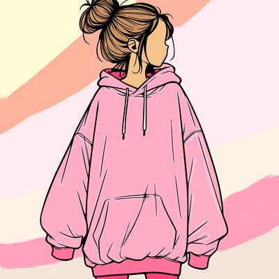 realistic girl with a oversized sweatshirt on and a bun