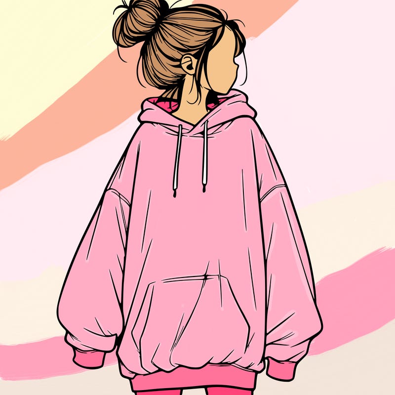 realistic girl with a oversized sweatshirt on and a bun