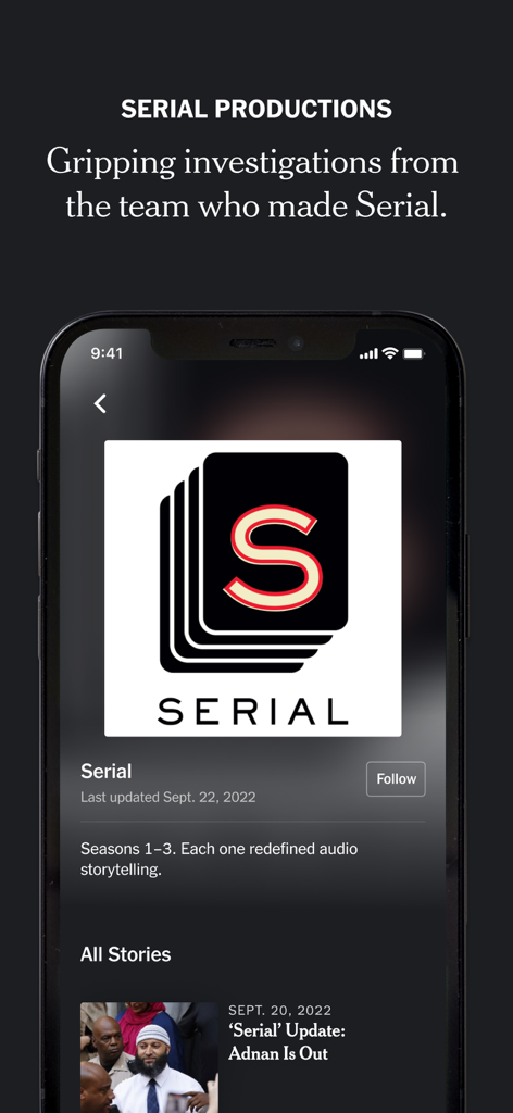 Screenshot of the Serial Productions section in the NYT Audio app featuring gripping investigative stories