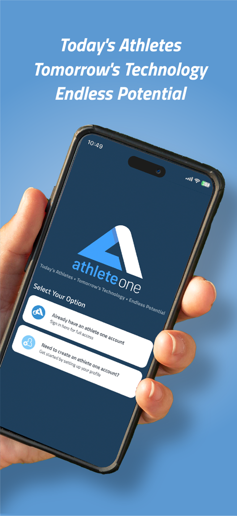 athlete one + - Athlete One Plus mobile app welcome screen with login and account creation options