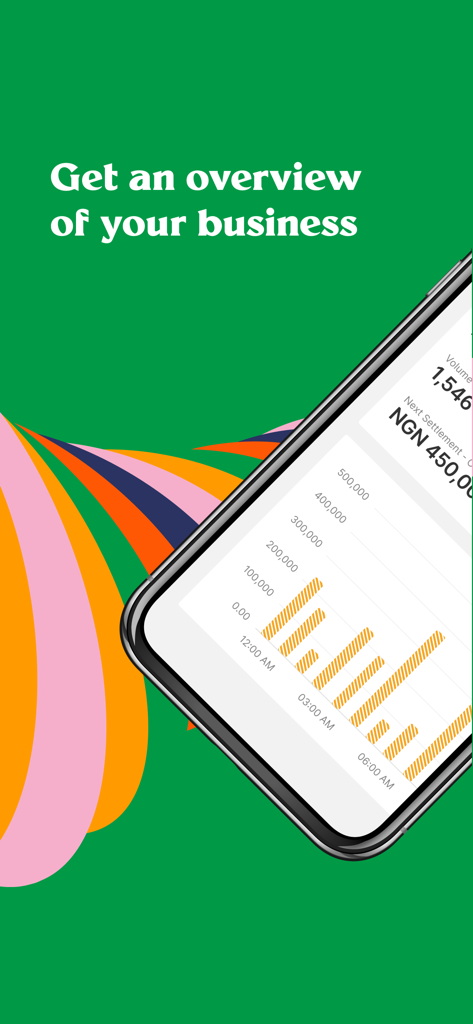 Flutterwave - Flutterwave app dashboard showing business analytics and transaction charts on a smartphone