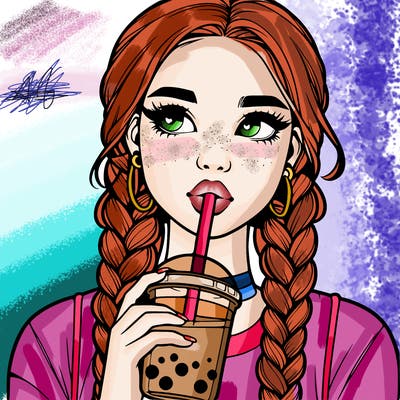 realistic girl with braided hair drinking boba