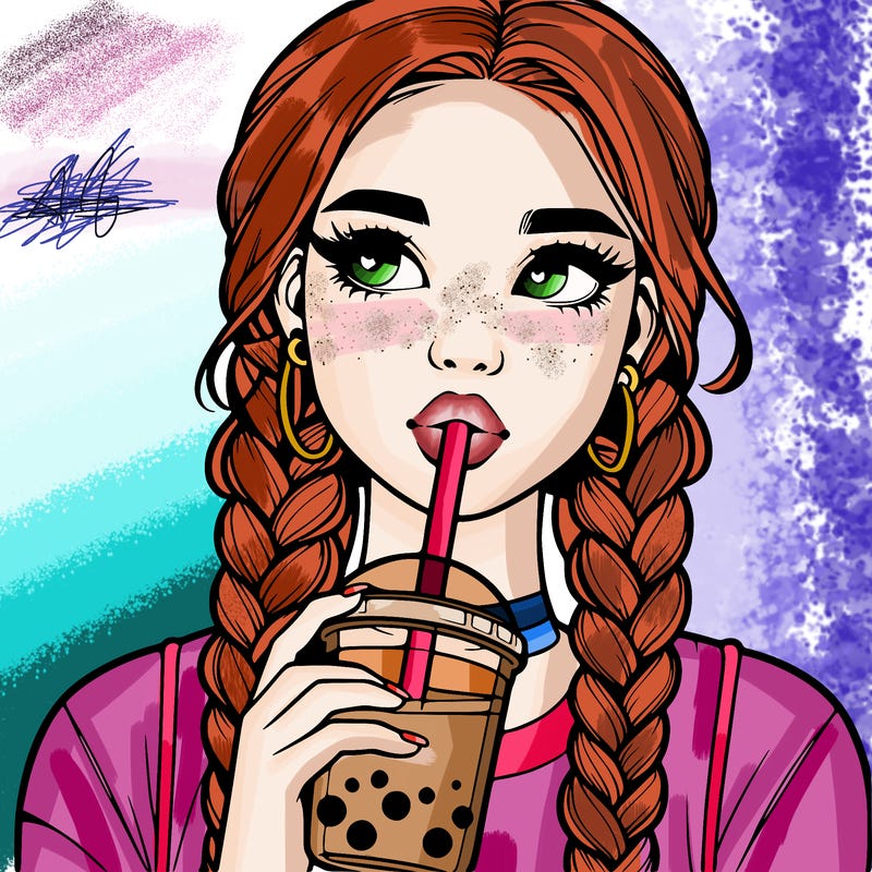 realistic girl with braided hair drinking boba