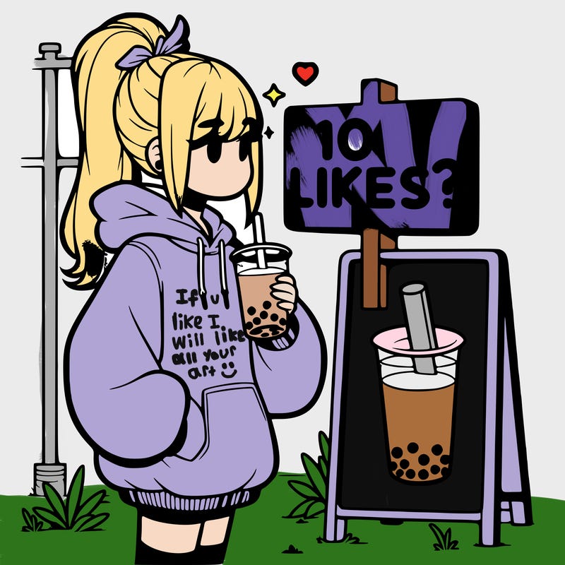 girl with oversized hoodie drinking boba and she has a high ponytail with a sign that says 10likes?