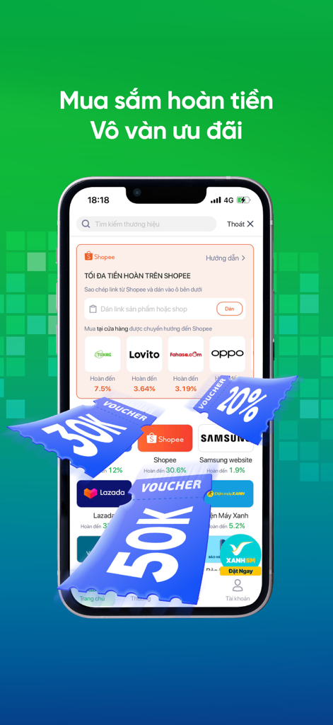 VPBank NEO mobile app interface showing cashback shopping options and discount vouchers for various brands