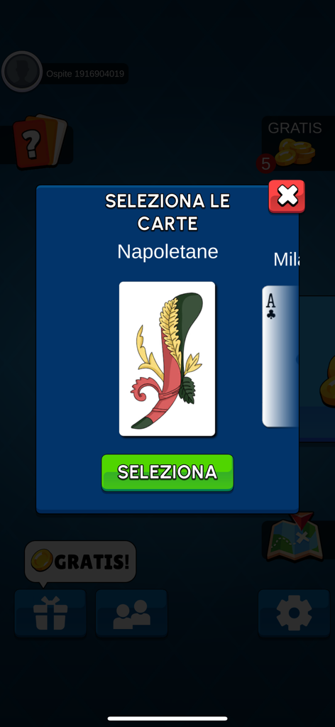 Schermata di selezione delle carte che mostra il mazzo napoletano tradizionale nell'app Tressette