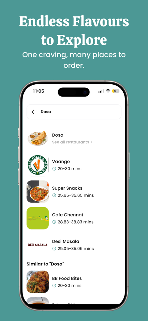 Mobile app screen showing a list of restaurants for a food search with estimated delivery times