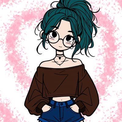 girl with a messy ponytail glasses a baggy crop top and jean shorts