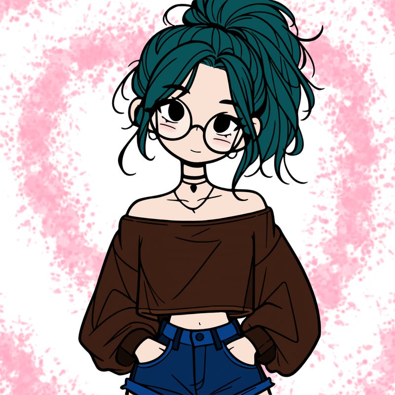 girl with a messy ponytail glasses a baggy crop top and jean shorts