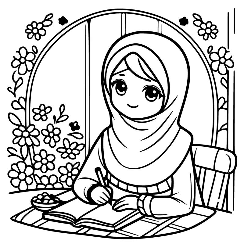 line art of one muslim girl  during ramadan  ,coloring page for kids ,all white ,kids coloring page , clean line art ,white background ,free lines