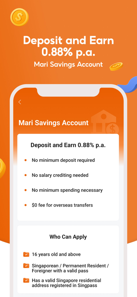 MariBank Singapore - Aktion für das Sparkonto von MariBank Singapur, die 0,88 Prozent Jahreszinsen bei keiner Mindesteinlage oder Gehaltsgutschrift zeigt.