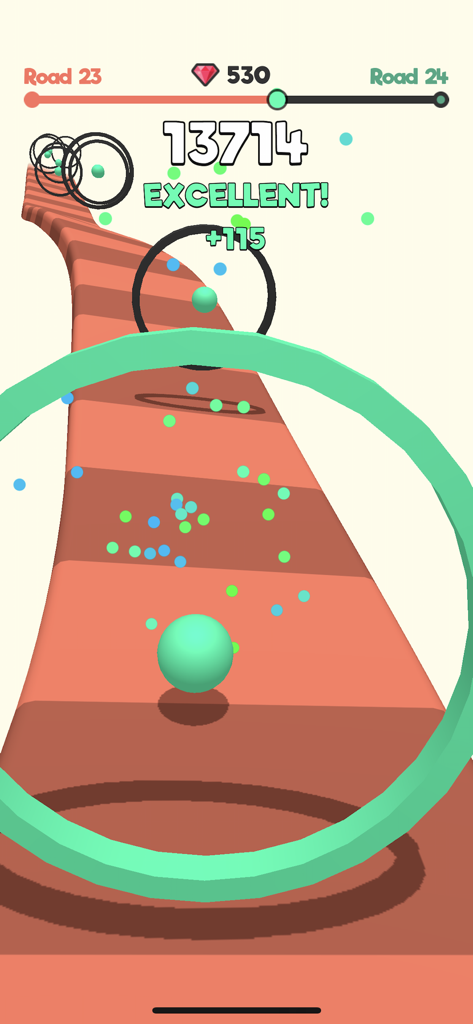 Green slime ball bouncing through target rings on a striped road in Slime Road game