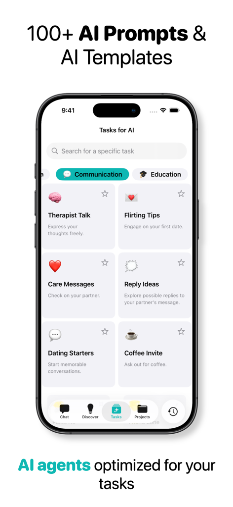 AI ChatBot Assistant ChatUltra - Una interfaz móvil de la aplicación ChatUltra AI que muestra varias indicaciones y plantillas de IA predefinidas para tareas diarias