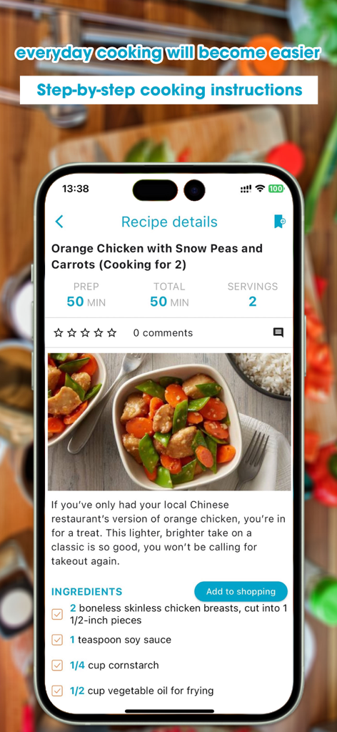 Mobile app screen showing a detailed recipe for orange chicken with ingredients and preparation time