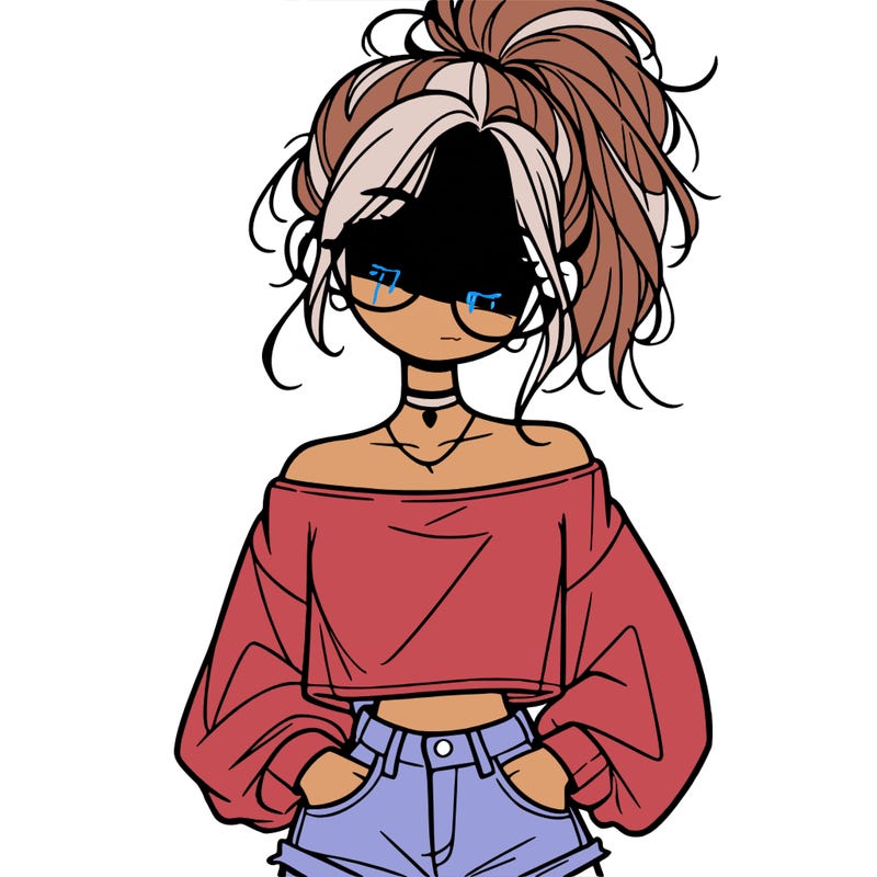 girl with a messy ponytail glasses a baggy crop top and jean shorts