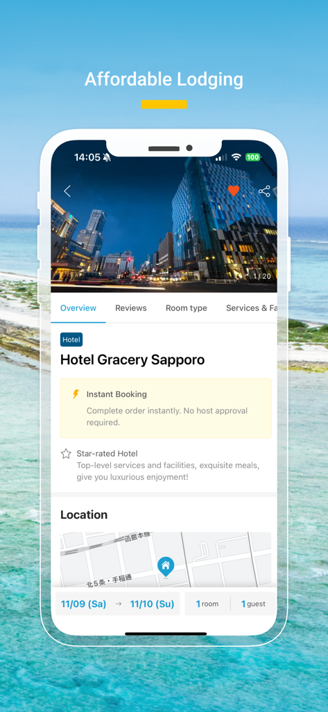 AsiaYo: Travel | Stays | Tours - Interfaz de la aplicación AsiaYo que muestra opciones de hoteles asequibles en Sapporo, Japón.