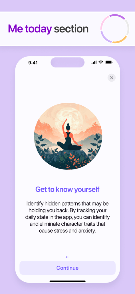 Emotion: Stress Anxiety Relief - Pantalla de incorporación de la aplicación Emotion con una ilustración de meditación y texto sobre el autodescubrimiento para el alivio del estrés.