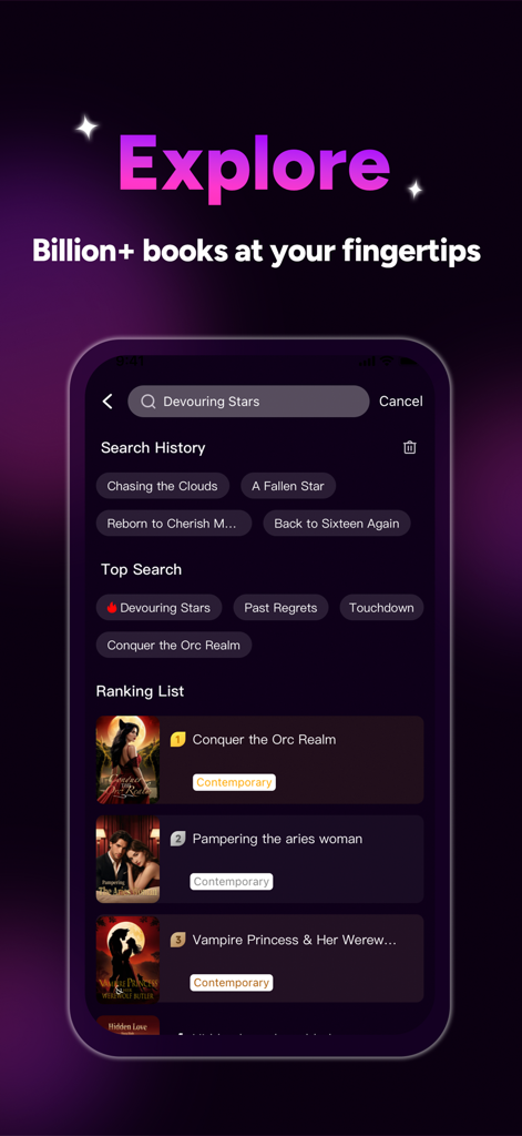 Mumu: Premium Novels & Stories - A mobile app interface for Mumu showing the Explore screen with a search bar, top search keywords, and a ranking list of contemporary stories.