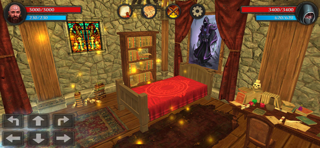 Ein mittelalterliches Schlafzimmer in einer Burg im Moonshades Dungeon Crawler Spiel.