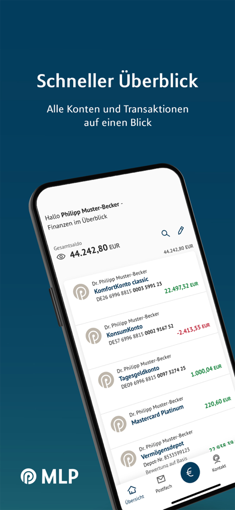 MLP Banking - MLP Banking App-Oberfläche mit einer Zusammenfassung verschiedener Bankkonten und Anlageportfolios auf einem iPhone