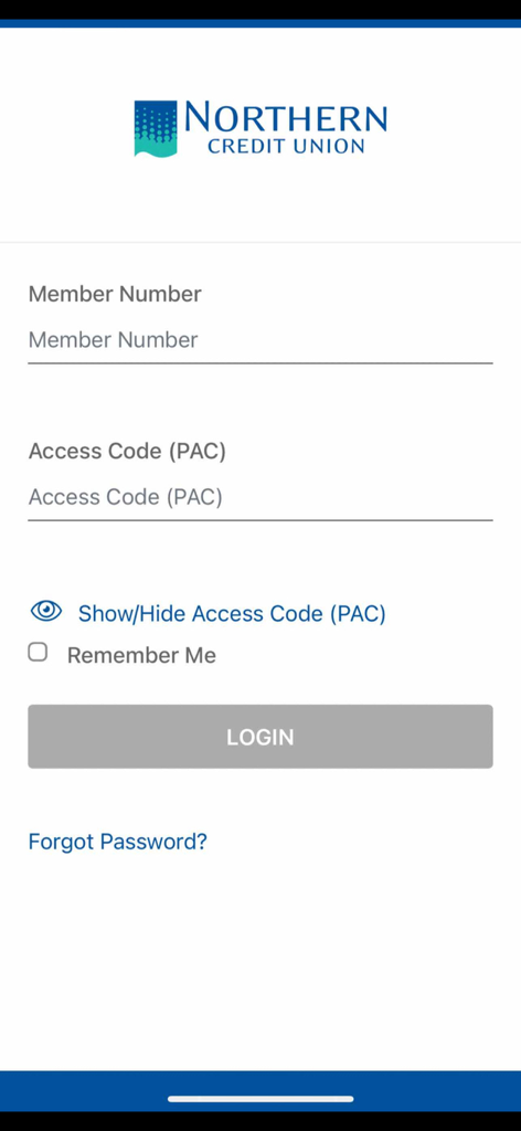 Northern Credit Union mobile app login screen with member number and access code input fields