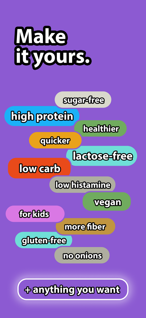 Anna's Kitchen: Snap & Cook - Interface of Annas Kitchen app showing dietary preference tags like vegan and gluten free for recipe customization