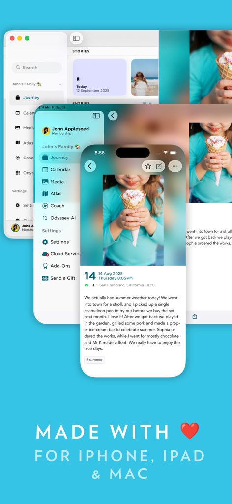 Journey - Diary, Journal - Interfaz de la aplicación de diario Journey mostrada en iPhone y Mac con el texto Hecho con amor para iPhone, iPad y Mac