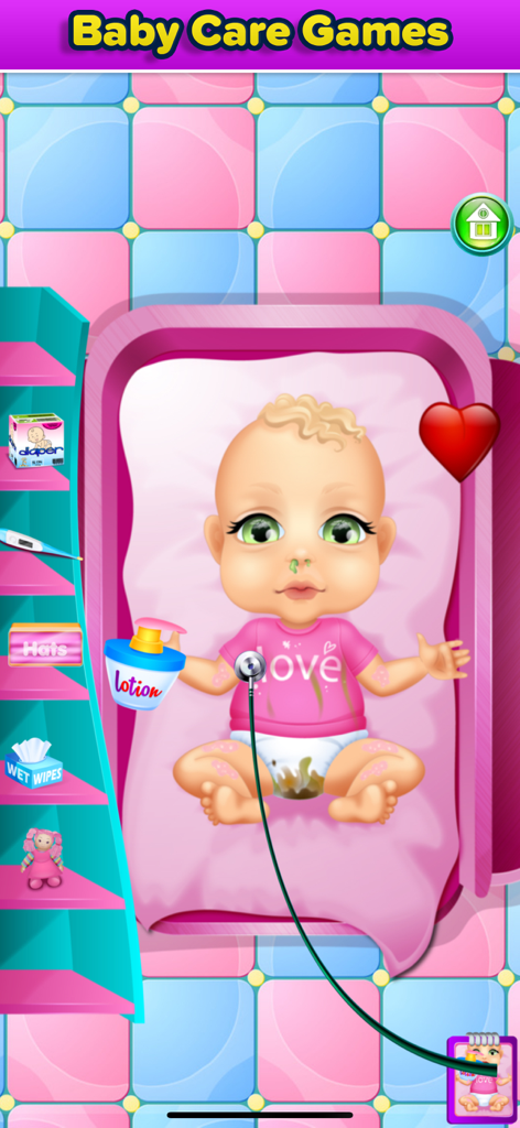 Mommy's New Baby Girl Game - A baby girl in a pink crib being cared for with a stethoscope and lotion in a nursery setting.