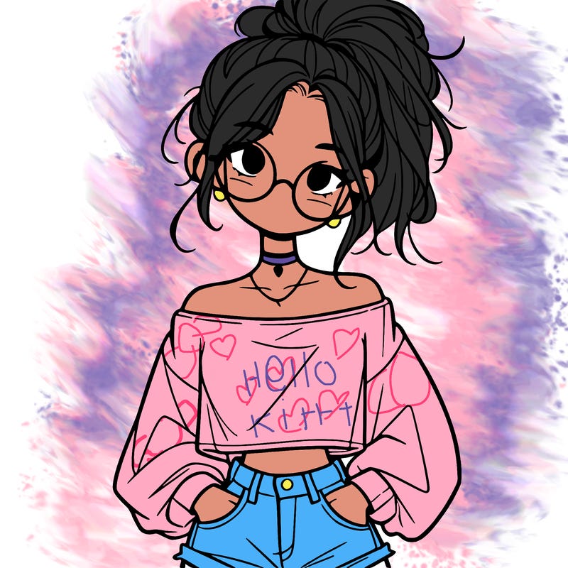 girl with a messy ponytail glasses a baggy crop top and jean shorts