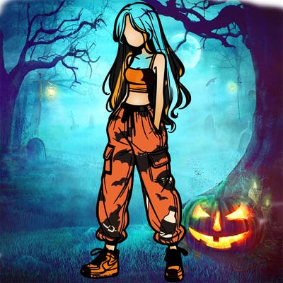 girl in baggy pants crop top and long hair