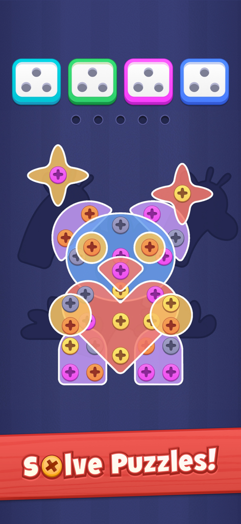 Happy Screw: Screw Out Puzzle - Uma tela de jogo mobile mostrando a forma de um ursinho de pelúcia feito de peças de quebra-cabeça com parafusos coloridos e caixas de classificação no topo.