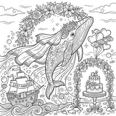 Celebrate love with this extraordinary coloring page featuring a majestic whale breaching from the ocean, adorned for a wedding. Immerse yourself in a whimsical marine ceremony complete with a 'Just Married' ship, elegant cake, and delicate floral arches.