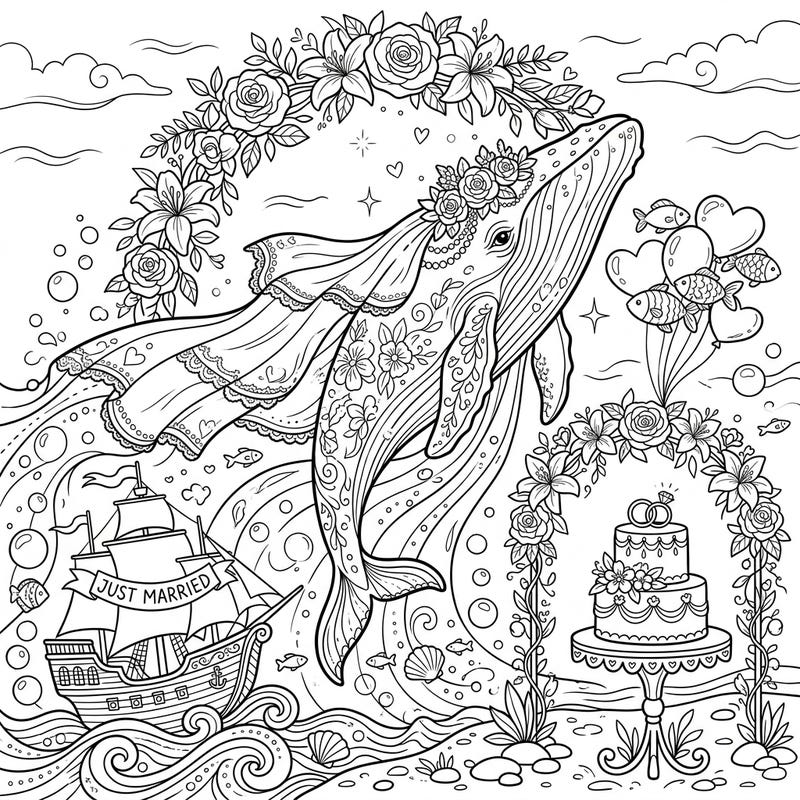 Celebrate love with this extraordinary coloring page featuring a majestic whale breaching from the ocean, adorned for a wedding. Immerse yourself in a whimsical marine ceremony complete with a 'Just Married' ship, elegant cake, and delicate floral arches.