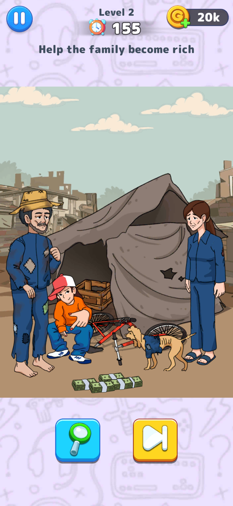Prison Puzzle: Brain Twist - A brain puzzle level titled Help the family become rich showing characters in front of a makeshift tent.