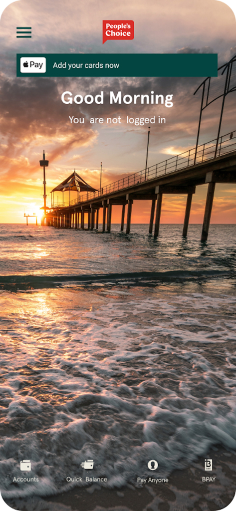 Peoples Choice mobile banking app home screen featuring a sunset beach background and navigation menu