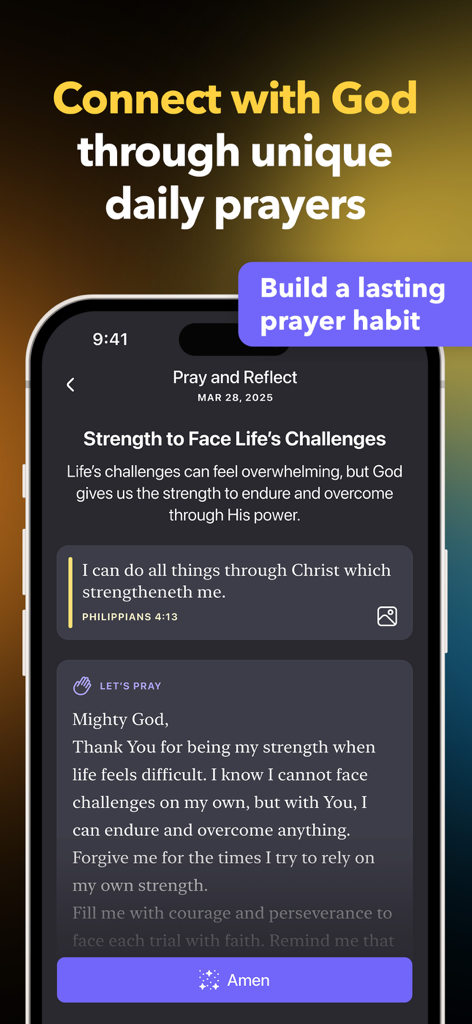 Faithe app interface for daily prayer and reflection featuring Philippians 4 13