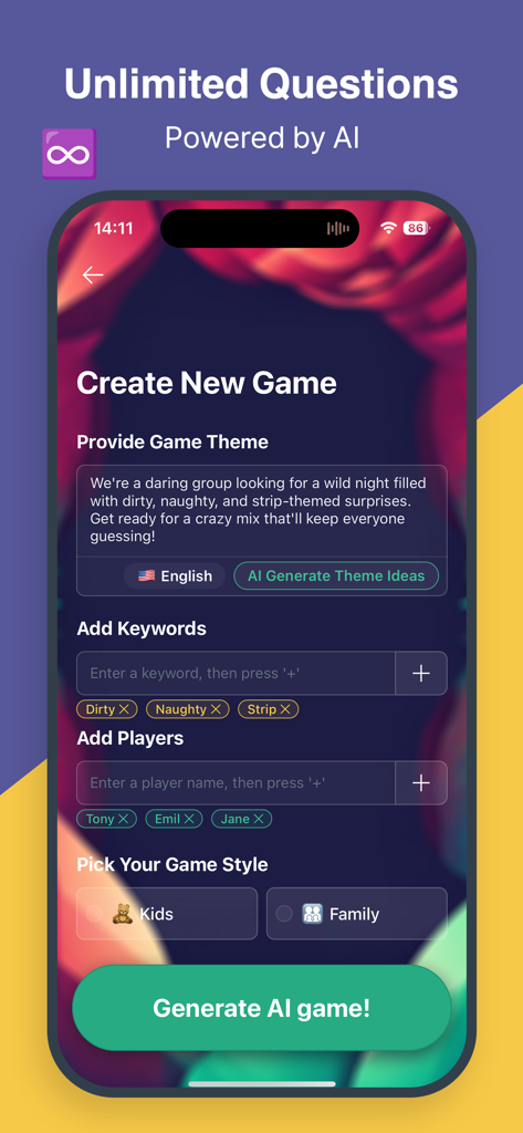 Truth or Dare AI -  Dirty Game - Truth or Dare AI app screen showing options to create a new game with custom themes and keywords