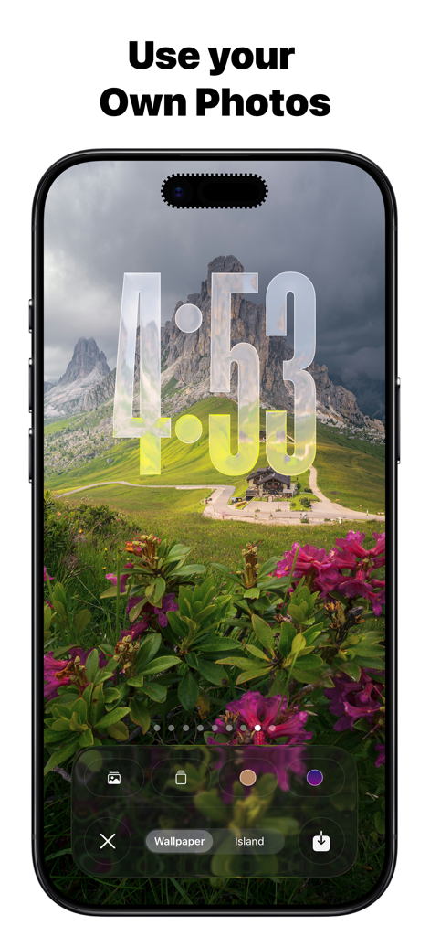 Custom Notch & Dynamic Island - iPhone screen showing a mountain landscape wallpaper with a large stylized digital clock being customized in the app