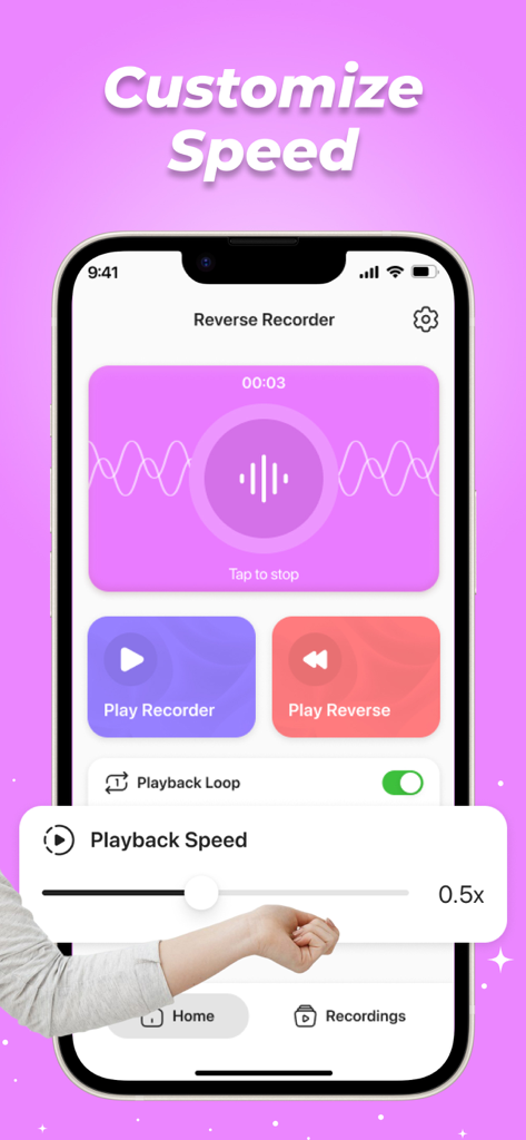 Reverse Audio: Play Singing - Interface of the Reverse Audio app showing the customize speed slider and reverse playback controls on a smartphone screen