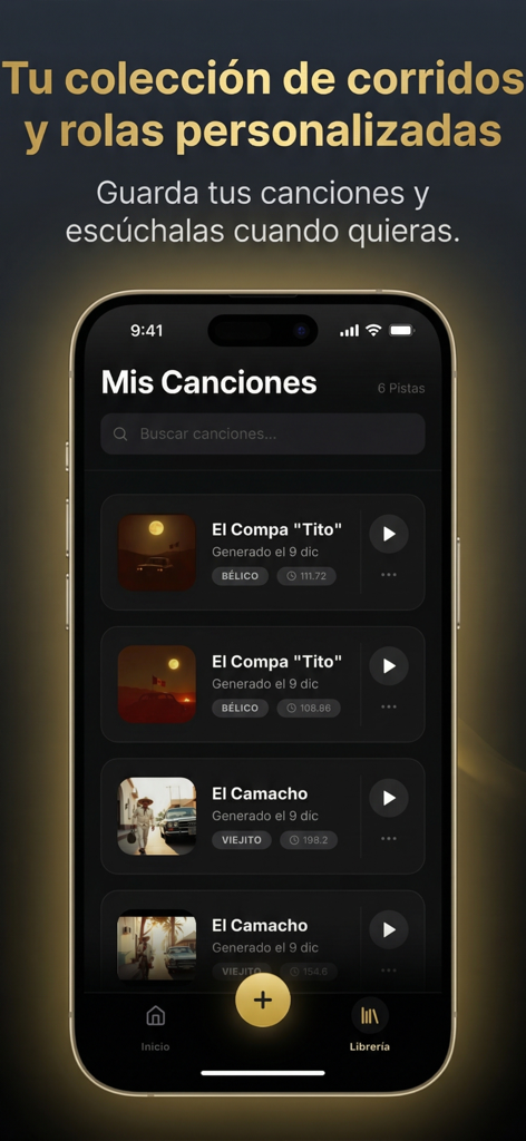 Interface de l'application Belika montrant une liste de corridos et de chansons personnalisés générés par IA dans une bibliothèque utilisateur
