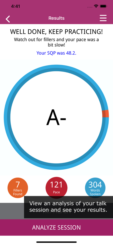 LikeSo app results screen showing a speech performance grade of A minus and metrics for fillers and pace.