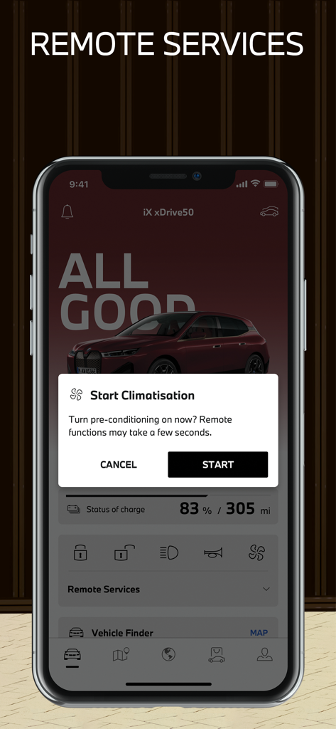 My BMW - Schermata di uno smartphone che mostra l'app My BMW con una richiesta di attivazione del climatizzatore remoto