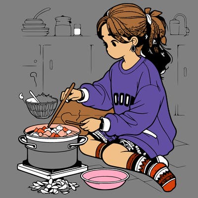 girl with sweatshirt and socks cooking, very realistic